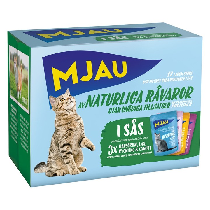 Mjau Cat Pouch 12 x 85 g - Mixpaket Fleisch & Fisch Menü in Soße (4 Sorten)