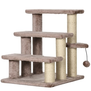 PawHut Katzentreppe Tiertreppe für Katzen und Hunde 3 Stufen mit Kratzsäulen Spielball Plüsch Braun 45x40x48cm für mehr Komfo