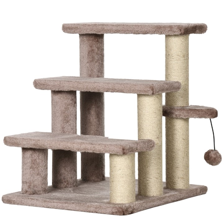 PawHut Katzentreppe Tiertreppe für Katzen und Hunde 3 Stufen mit Kratzsäulen Spielball Plüsch Braun 45x40x48cm für mehr Komfo