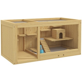 PawHut Hamsterkäfig  Holz Kleintierstall, Spielhaus für Gerbils, mit Schaukeln, Leitern, zu öffnendem Dach, Hütte, 100cm, Nat