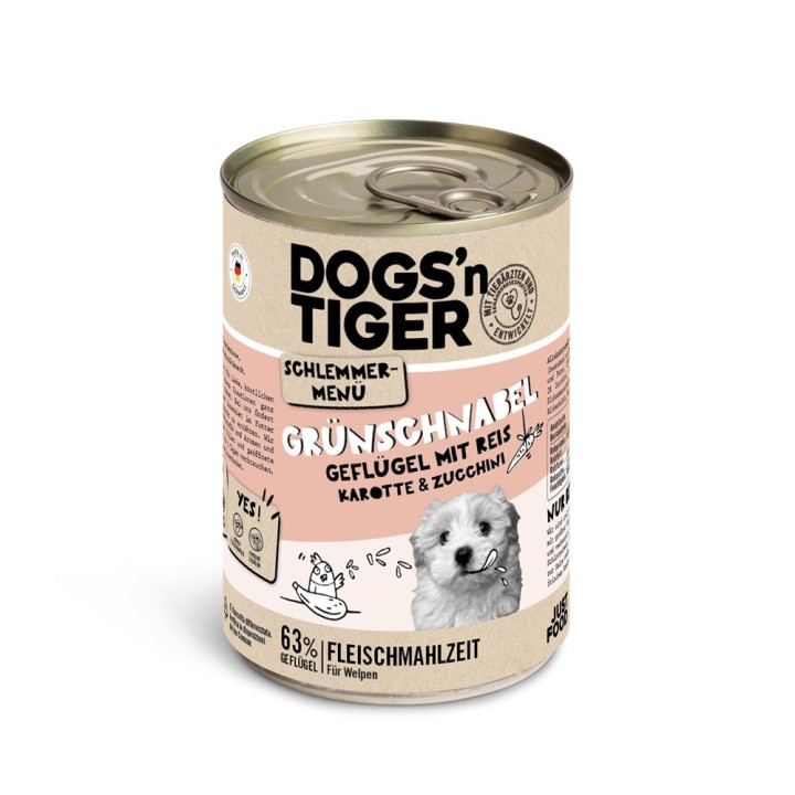 Dogs'n Tiger Schlemmermenü für Hunde 6 x 400 g - Geflügel mit Naturreis, Karotten und Zucchini (Junior)