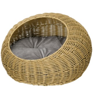 PawHut Rattan Katzenkorb Katzenhaus mit Kissen für Katzen bis 4 kg, Indoor Katzenhöhle aus PE-Rattan, Ø50 x 31 cm, hellbraun