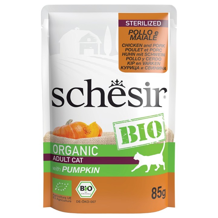 Sparpaket Schesir Bio Pouch 16 x 85 g - Sterilized Bio-Huhn und Bio-Schwein