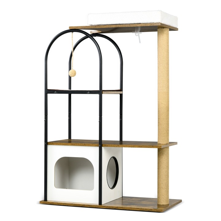 PawHut Kratzbaum 1185 cm Katzenbaum mit Höhle Bett und Kratzmatte Spielball Kippschutz für Katzen bis 5 kg rustikal braun   A