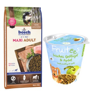 bosch Kombi-Paket: 15 kg HPC Trockenfutter + 3 x 200 g Fruitees (semi-moist) - Maxi Adult 15 kg + Fruitees Geflügel & Apfel 3