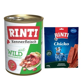 Kombi-Paket RINTI Kennerfleisch + RINTI Chicko Hundesnacks - Kennerfleisch Wild 12 x 400 g + Chicko Wild 2 x 250 g