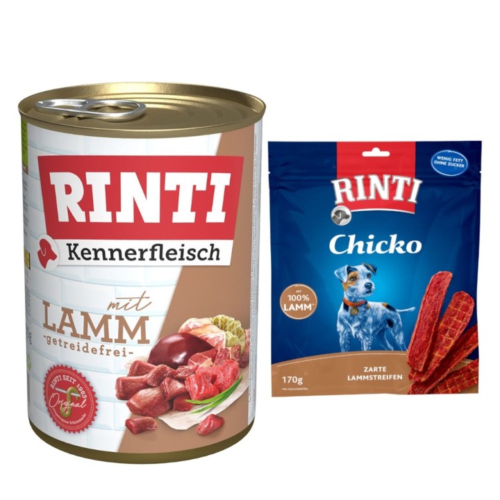 Kombi-Paket RINTI Kennerfleisch + RINTI Chicko Hundesnacks - Kennerfleisch Lamm 12 x 400 g + Chicko Lamm 2 x 170 g