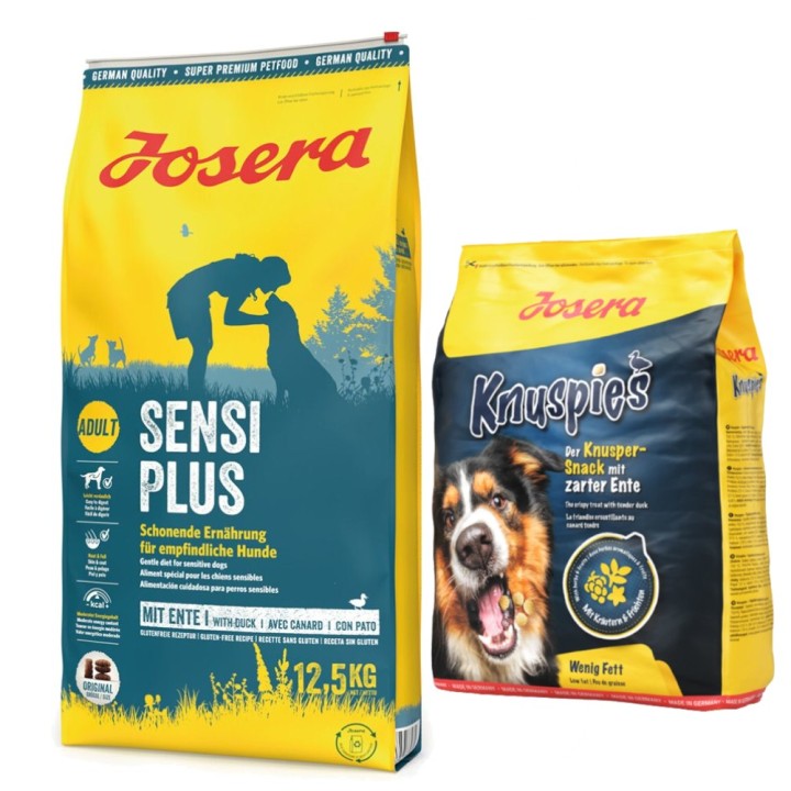 Josera Kombi-Paket: 12,5 kg Adult Trockenfutter + 3 x 900 g Knuspersnacks - SensiPlus 12,5 kg + Knuspies 3 x 900 g