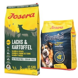 Josera Kombi-Paket: 12,5 kg Adult Trockenfutter + 3 x 900 g Knuspersnacks - Lachs & Kartoffel (getreidefrei) 12,5 kg + Knuspi