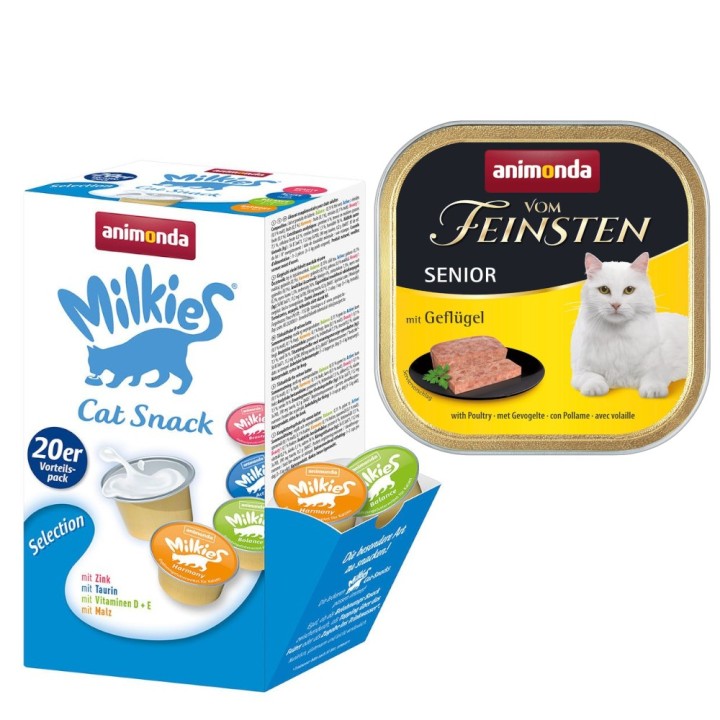 animonda Kombi-Paket: 12 x 100 g Vom Feinsten + 20 x 15 g Milkies Selection - Senior Geflügel + Milkies Snack (4 Sorten)