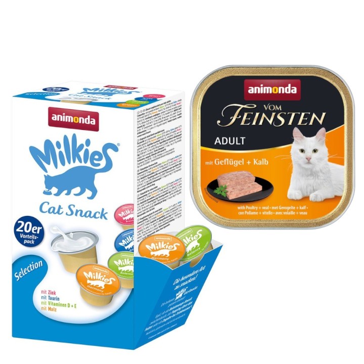 animonda Kombi-Paket: 12 x 100 g Vom Feinsten + 20 x 15 g Milkies Selection - Adult Geflügel & Kalb + Milkies Snack (4 Sorten
