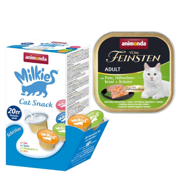 animonda Kombi-Paket: 12 x 100 g Vom Feinsten + 20 x 15 g Milkies Selection - Adult mit Schlemmerkern: Pute, Hühnchenbrust &