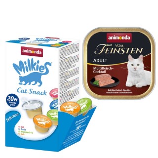 animonda Kombi-Paket: 12 x 100 g Vom Feinsten + 20 x 15 g Milkies Selection - Adult Multi-Fleischcocktail + Milkies Snack (4