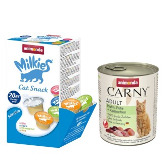 animonda Kombi-Paket: 12 x 800 g Carny Adult + 20 x 15 g Milkies Selection - Huhn, Pute & Kaninchen + Milkies Snack (4 Sorten