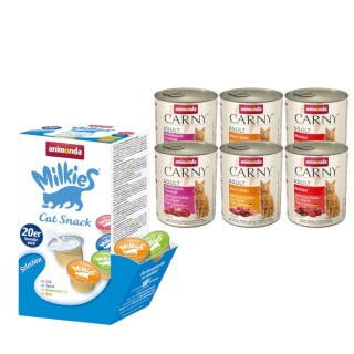 animonda Kombi-Paket: 12 x 800 g Carny Adult + 20 x 15 g Milkies Selection - Mixpaket Rind & Geflügel (3 Sorten) + Milkies Sn
