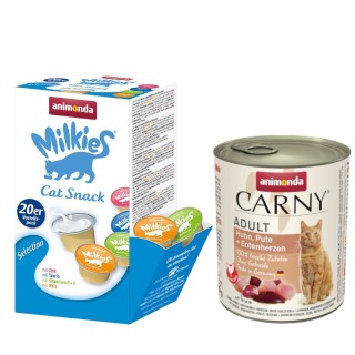 animonda Kombi-Paket: 12 x 800 g Carny Adult + 20 x 15 g Milkies Selection - Huhn, Pute & Entenherzen + Milkies Snack (4 Sort