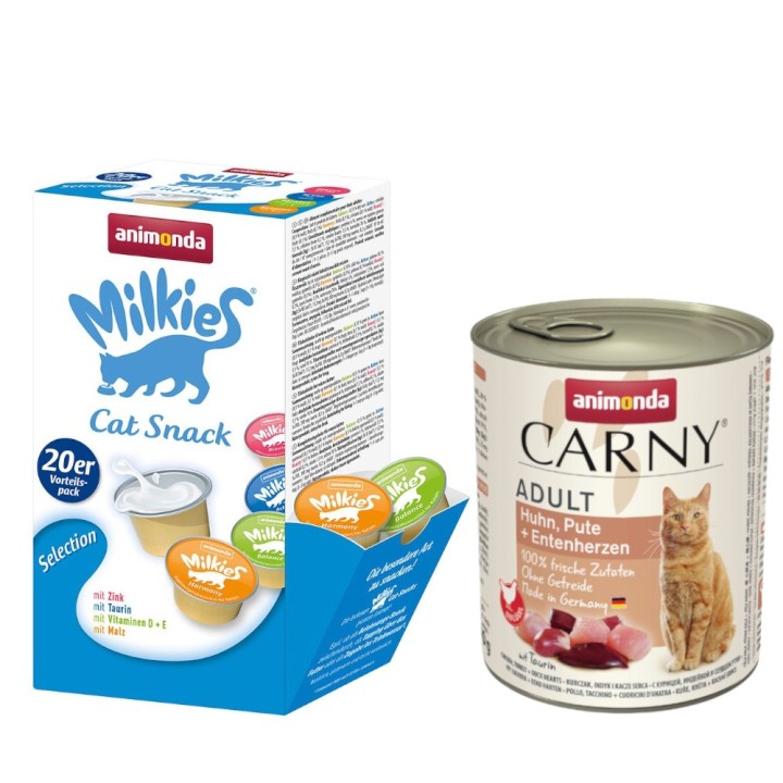 animonda Kombi-Paket: 12 x 800 g Carny Adult + 20 x 15 g Milkies Selection - Huhn, Pute & Entenherzen + Milkies Snack (4 Sort