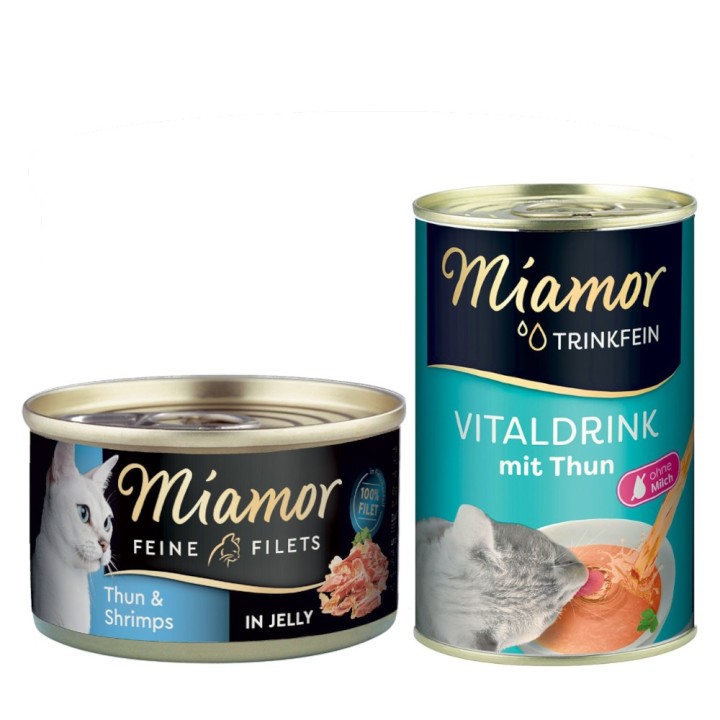Miamor Kombi-Paket: Feine Filets 12 x 100 g + Trinkfein Vitaldrink 6 x 135 ml - Feine Filets Thunfisch & Shrimps + Vitaldrink
