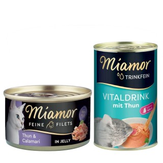 Miamor Kombi-Paket: Feine Filets 12 x 100 g + Trinkfein Vitaldrink 6 x 135 ml - Feine Filets Thunfisch & Calamari + Vitaldrin