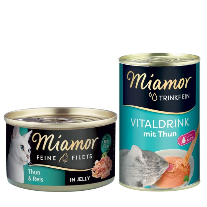 Miamor Kombi-Paket: Feine Filets 12 x 100 g + Trinkfein Vitaldrink 6 x 135 ml - Feine Filets Thunfisch & Reis + Vitaldrink mi