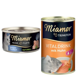 Miamor Kombi-Paket: Feine Filets Naturelle 12 x 80 g + Trinkfein Vitaldrink 6 x 135 ml - Feine Filets Skipjack-Thunfisch + Vi