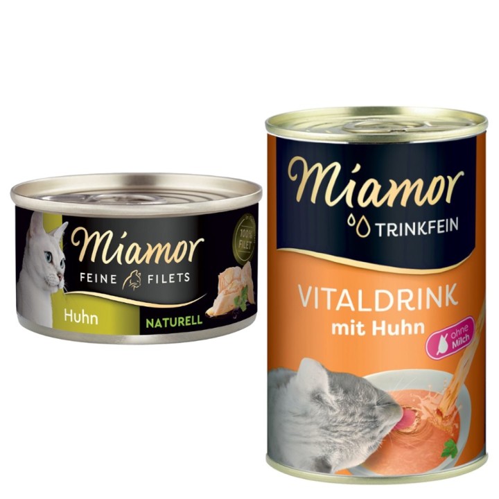Miamor Kombi-Paket: Feine Filets Naturelle 12 x 80 g + Trinkfein Vitaldrink 6 x 135 ml - Feine Filets Huhn Pur + Vitaldrink m
