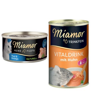 Miamor Kombi-Paket: Feine Filets Naturelle 12 x 80 g + Trinkfein Vitaldrink 6 x 135 ml - Feine Filets Thunfisch & Shrimps + V