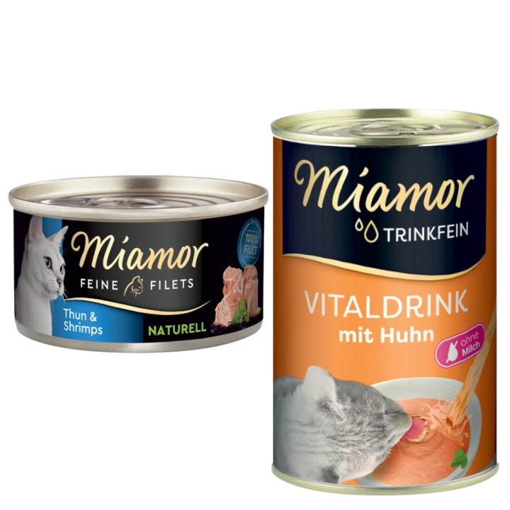 Miamor Kombi-Paket: Feine Filets Naturelle 12 x 80 g + Trinkfein Vitaldrink 6 x 135 ml - Feine Filets Thunfisch & Shrimps + V