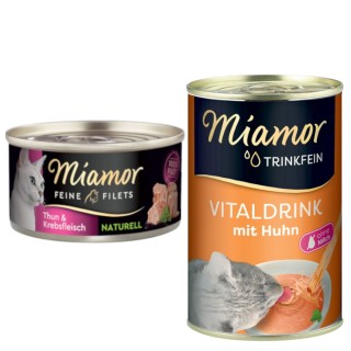Miamor Kombi-Paket: Feine Filets Naturelle 12 x 80 g + Trinkfein Vitaldrink 6 x 135 ml - Feine Filets Thunfisch & Krebsfleisc
