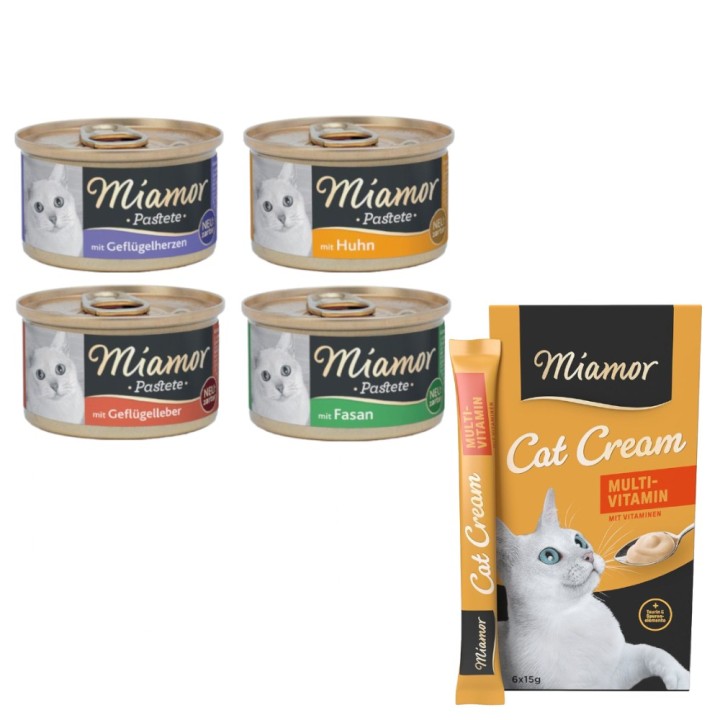 Miamor Kombi-Paket: 12 x 85 g Pastete + 12 x 15 g Multi-Vitamin Cream Snacks - Pastete mit Geflügel (4 Sorten) + Snack Multi-