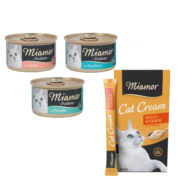 Miamor Kombi-Paket: 12 x 85 g Pastete + 12 x 15 g Multi-Vitamin Cream Snacks - Pastete mit Fisch (3 Sorten) + Snack Multi-Vit