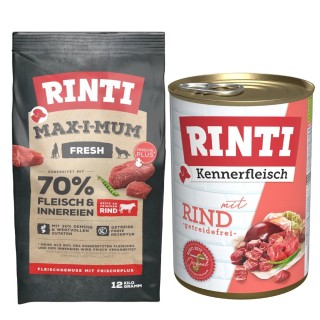 RINTI Kombi-Paket: 12 kg Max-i-mum + 12 x 400 g Kennerfleisch - Rind: 12 kg Max-i-mum + 12 x 400 g Kennerfleisch
