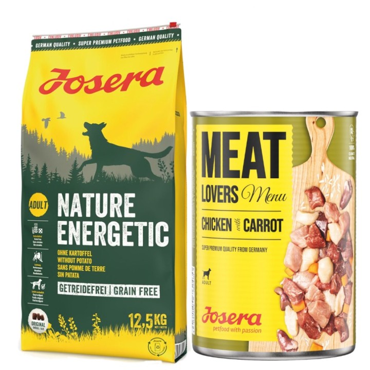 Josera Kombi-Paket: 12,5 kg Trockenfutter + 12 x 400 g Meatlovers Menü - Nature Energetic 12,5 kg + Huhn & Karotte 12 x 400 g