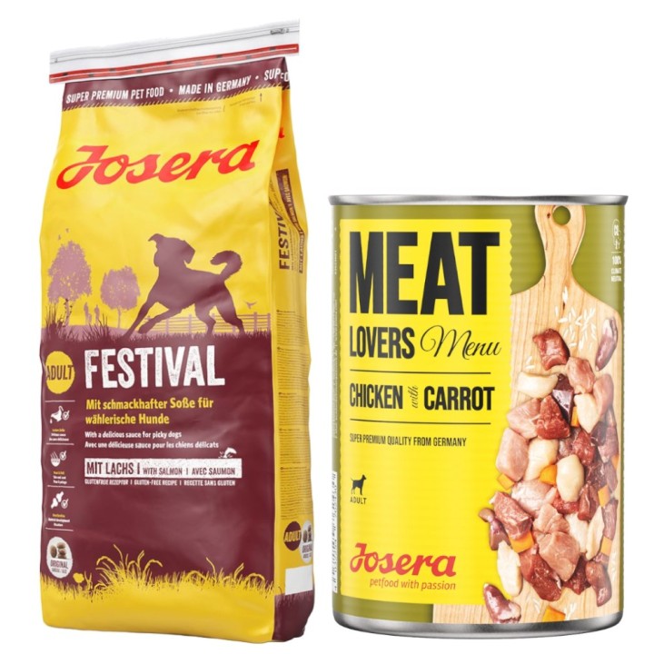Josera Kombi-Paket: 12,5 kg Trockenfutter + 12 x 400 g Meatlovers Menü - Festival 12,5 kg + Huhn & Karotte 12 x 400 g