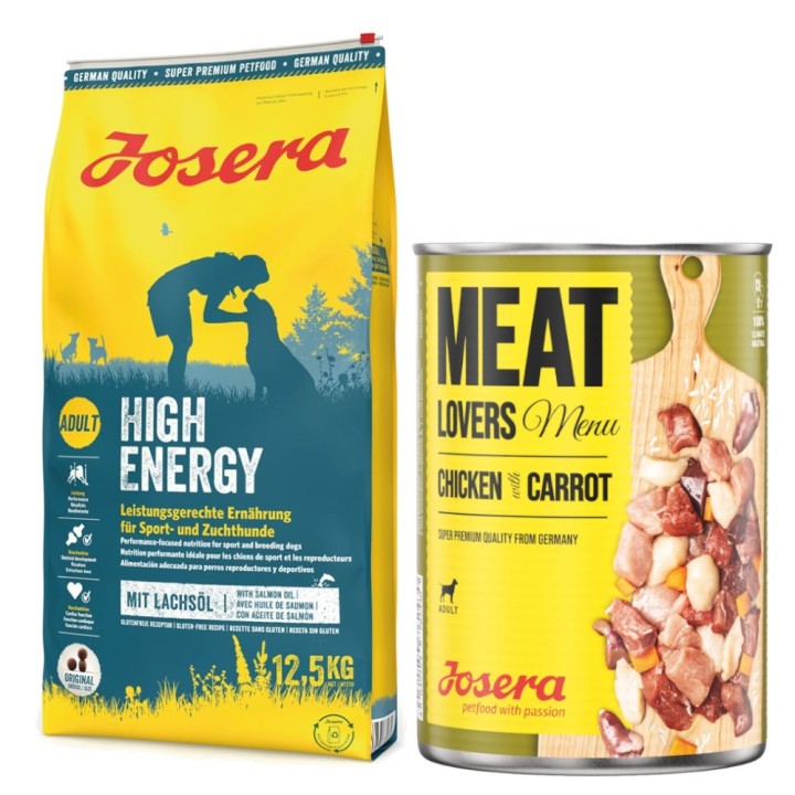 Josera Kombi-Paket: 12,5 kg Trockenfutter + 12 x 400 g Meatlovers Menü - High Energy 12,5 kg + Huhn & Karotte 12 x 400 g