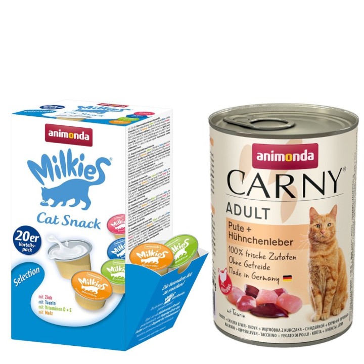 animonda Kombi-Paket: 12 x 400 g Carny Adult + 20 x 15 g Milkies Selection - Pute & Hühnchenleber + Milkies Snack (4 Sorten)