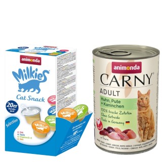 animonda Kombi-Paket: 12 x 400 g Carny Adult + 20 x 15 g Milkies Selection - Huhn, Pute & Kaninchen + Milkies Snack (4 Sorten