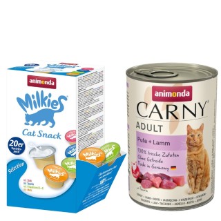 animonda Kombi-Paket: 12 x 400 g Carny Adult + 20 x 15 g Milkies Selection - Pute & Lamm + Milkies Snack (4 Sorten)