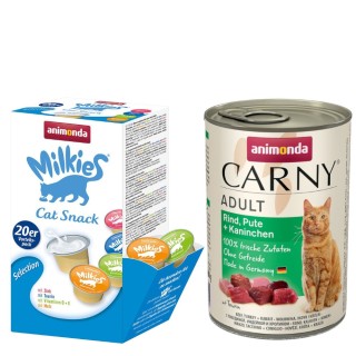 animonda Kombi-Paket: 12 x 400 g Carny Adult + 20 x 15 g Milkies Selection - Rind, Pute & Kaninchen + Milkies Snack (4 Sorten