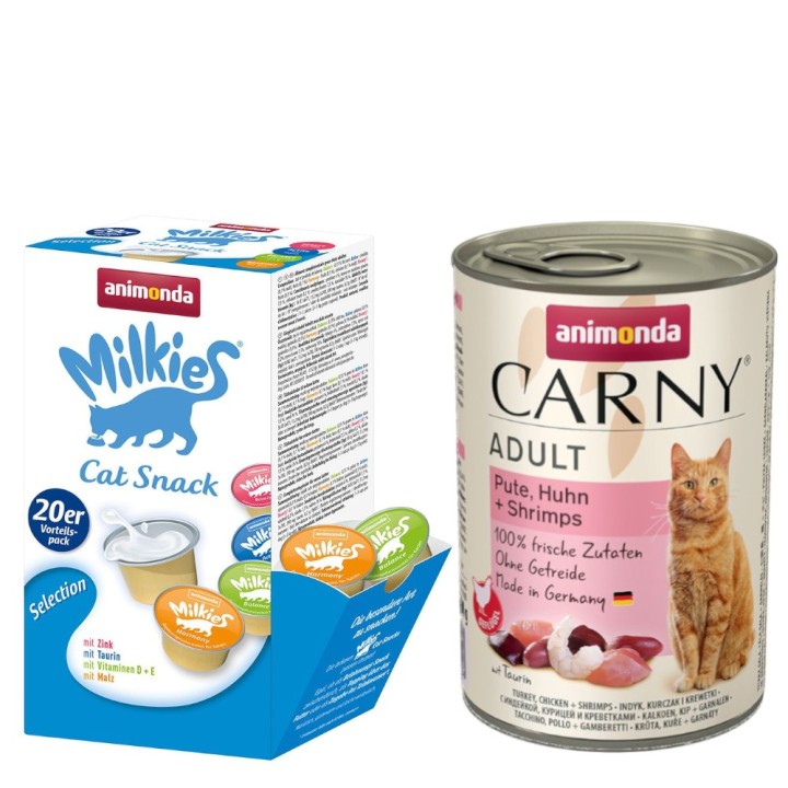 animonda Kombi-Paket: 12 x 400 g Carny Adult + 20 x 15 g Milkies Selection - Pute, Huhn & Shrimps + Milkies Snack (4 Sorten)
