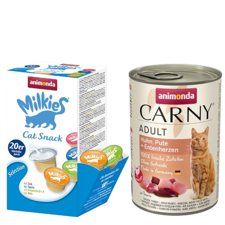 animonda Kombi-Paket: 12 x 400 g Carny Adult + 20 x 15 g Milkies Selection - Huhn, Pute & Entenherzen + Milkies Snack (4 Sort