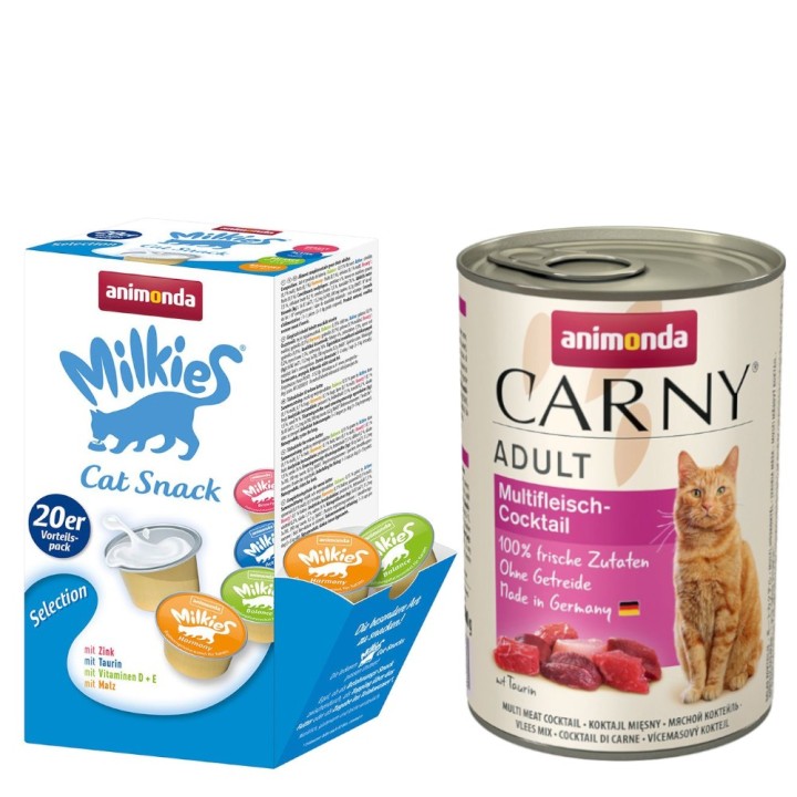 animonda Kombi-Paket: 12 x 400 g Carny Adult + 20 x 15 g Milkies Selection - Multifleisch-Cocktail + Milkies Snack (4 Sorten)