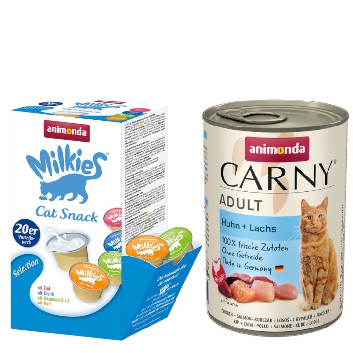 animonda Kombi-Paket: 12 x 400 g Carny Adult + 20 x 15 g Milkies Selection - Huhn & Lachs + Milkies Snack (4 Sorten)