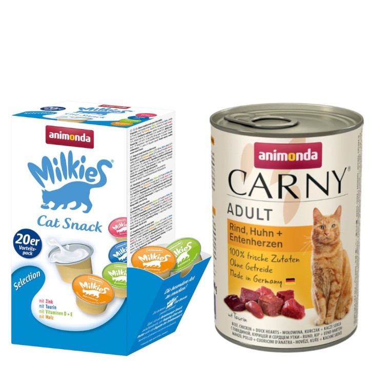 animonda Kombi-Paket: 12 x 400 g Carny Adult + 20 x 15 g Milkies Selection - Rind, Huhn & Entenherzen + Milkies Snack (4 Sort