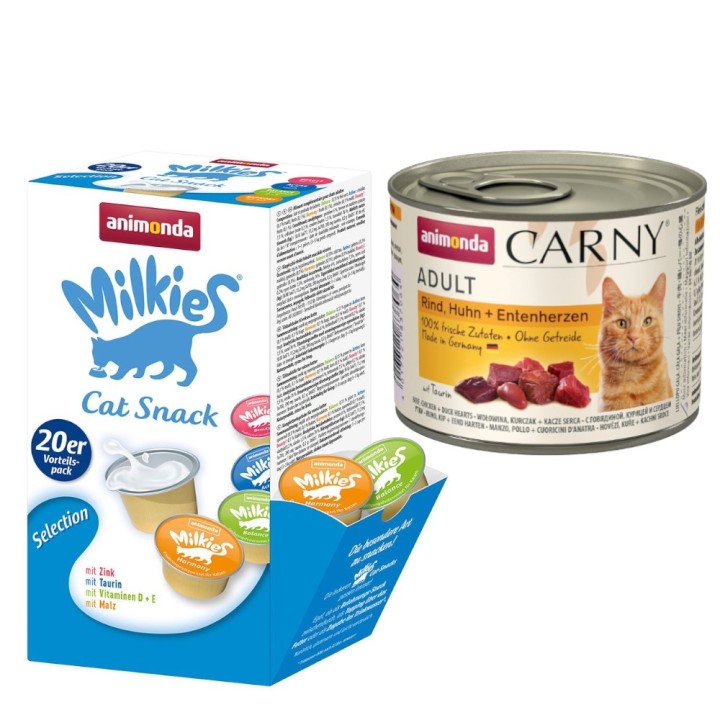animonda Kombi-Paket: 12 x 200 g Carny Adult + 20 x 15 g Milkies Selection - Rind, Huhn & Entenherzen + Milkies Snack (4 Sort