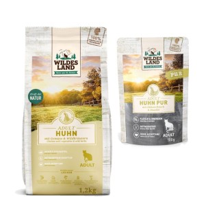 Wildes Land Cat Kombi-Paket: 12 x 100 g Nassfutter + 1,2 kg Trockenfutter - Huhn PUR mit Distelöl 12 x 100 g + Huhn & Garteng