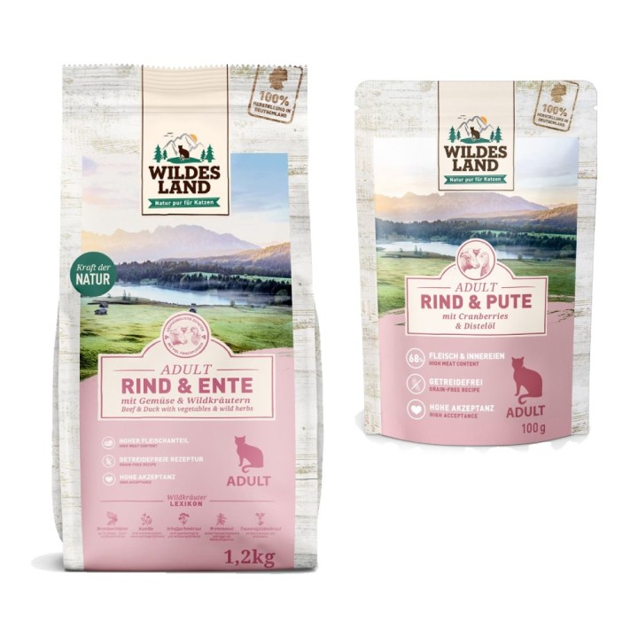 Wildes Land Cat Kombi-Paket: 12 x 100 g Nassfutter + 1,2 kg Trockenfutter - Rind & Pute mit Cranberries 12 x 100 g + Rind, En
