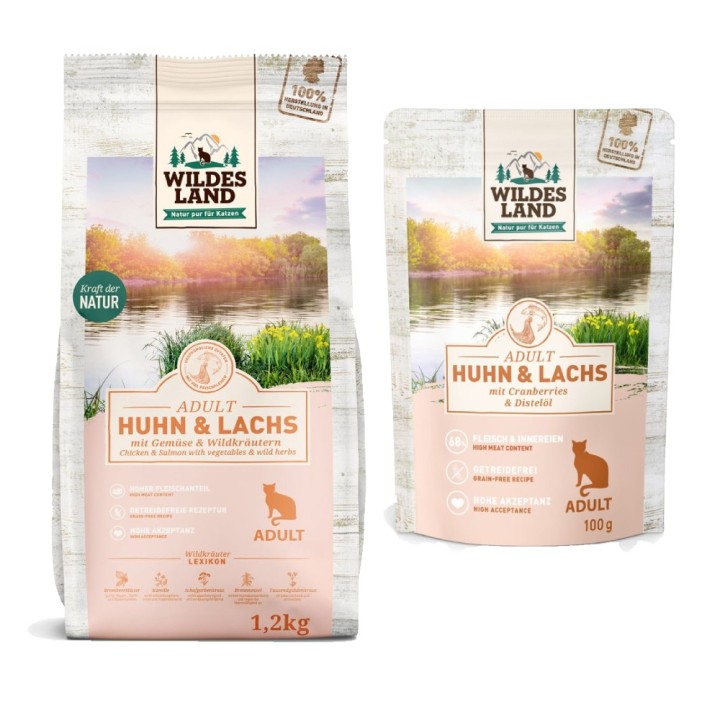 Wildes Land Cat Kombi-Paket: 12 x 100 g Nassfutter + 1,2 kg Trockenfutter - Huhn & Lachs mit Cranberries 12 x 100 g  + Huhn,