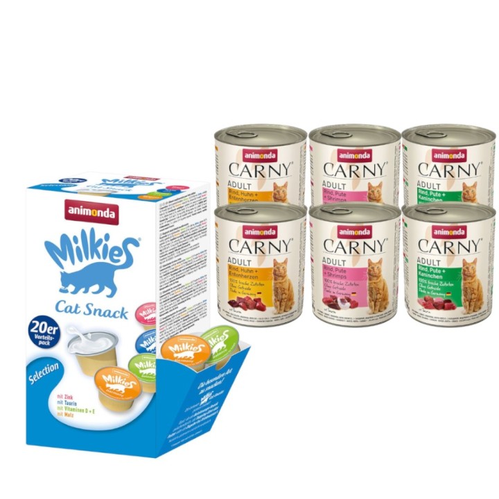 animonda Kombi-Paket: 12 x 800 g Carny Adult + 20 x 15 g Milkies Selection - Mixpaket Rind (3 Sorten) + Milkies Snack (4 Sort