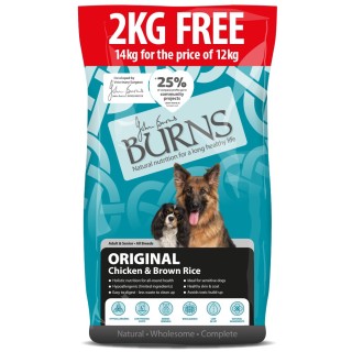 2 kg gratis! 14 kg Burns Trockenfutter - Adult & Senior Original Huhn & brauner Reis